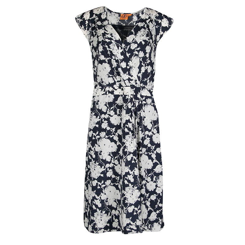 Tory Burch Navy Blue and White Floral Printed Cap Sleeve Victoria Dress M Tory  Burch | TLC