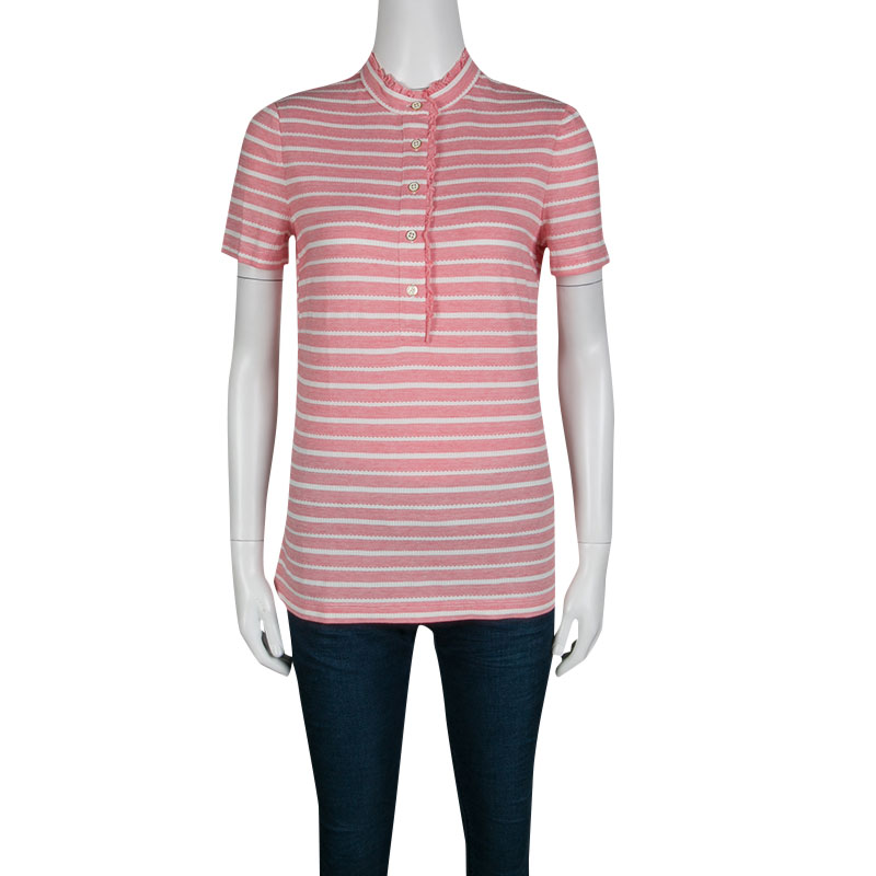 Pre-owned Tory Burch Pink And White Striped Knit Ruffle Detail T-shirt S