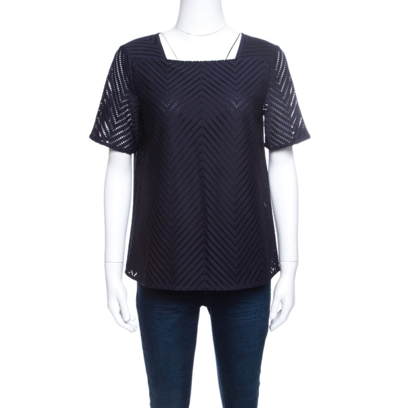 مملوكة مسبقًا Tory Burch Navy Blue Cutout Zigzag Pattern Short Sleeve Lace Top S