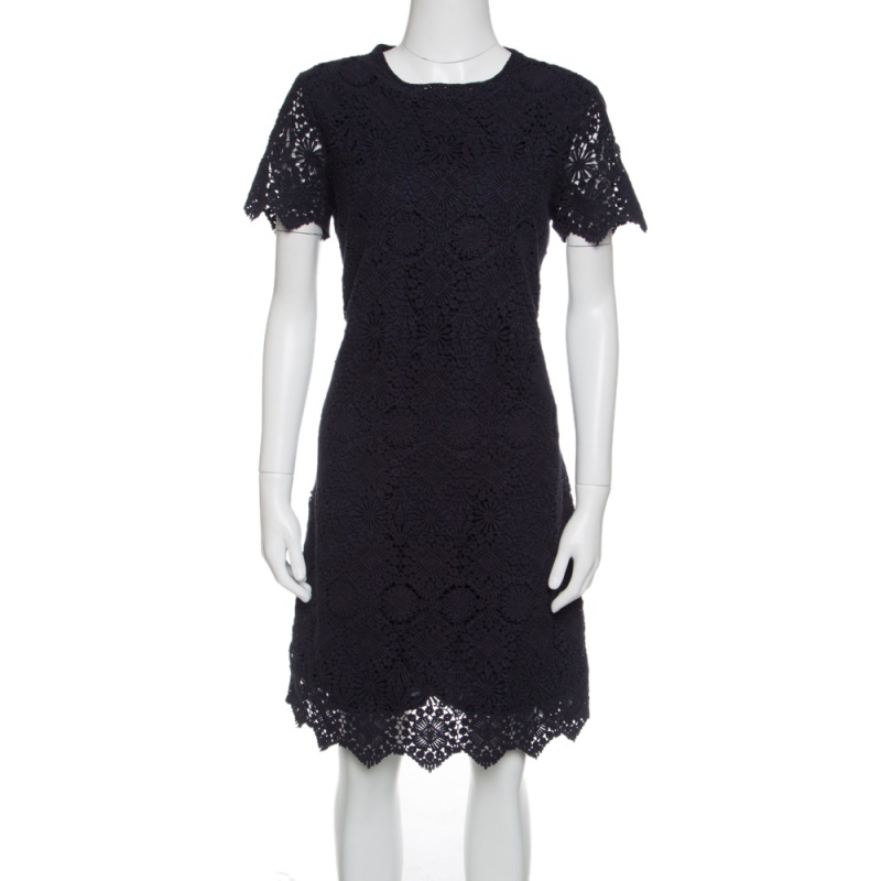 Tory Burch Navy Blue Floral Embroidered Lace Short Sleeves Dress M Tory ...