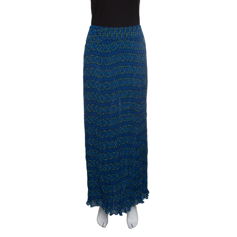 Pre Owned Tory Burch Indian Ocean Blue Courchevel Pleated Printed Maxi Skirt M