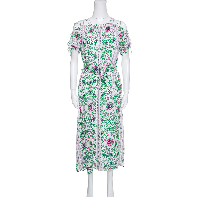 Pre Owned Tory Burch Floral Garden Party Printed Silk Belted Asilomar Midi Dress S