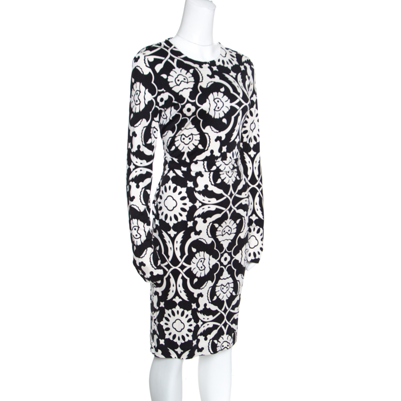 

Tory Burch Monochrome Floral Printed Silk Knit Sheath Dress, Black