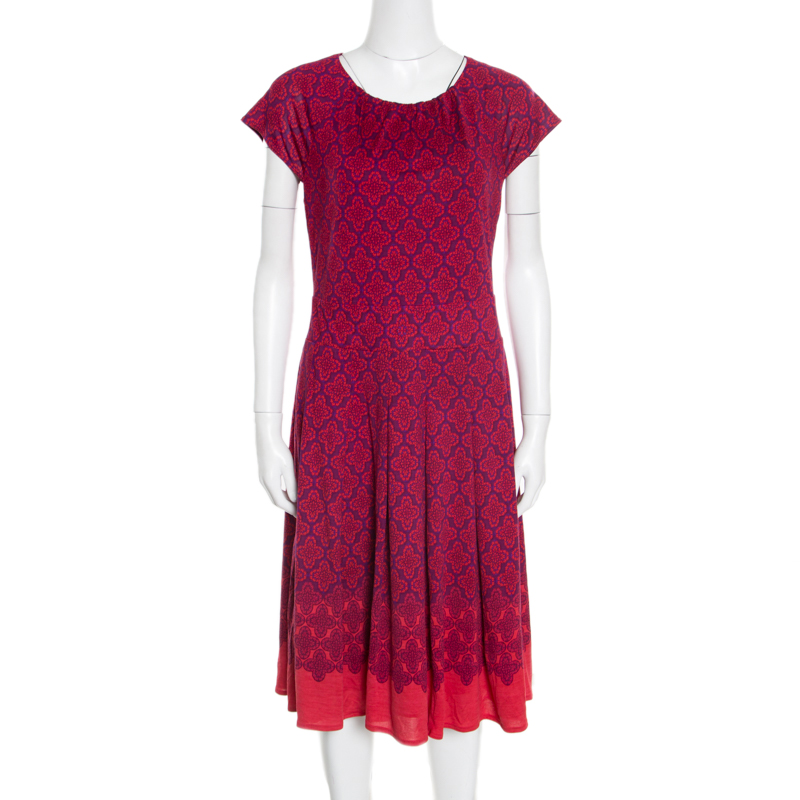 Tory Burch Purple and Red Floral Printed Silk Jersey Pleated Cap Sleeve Dress M