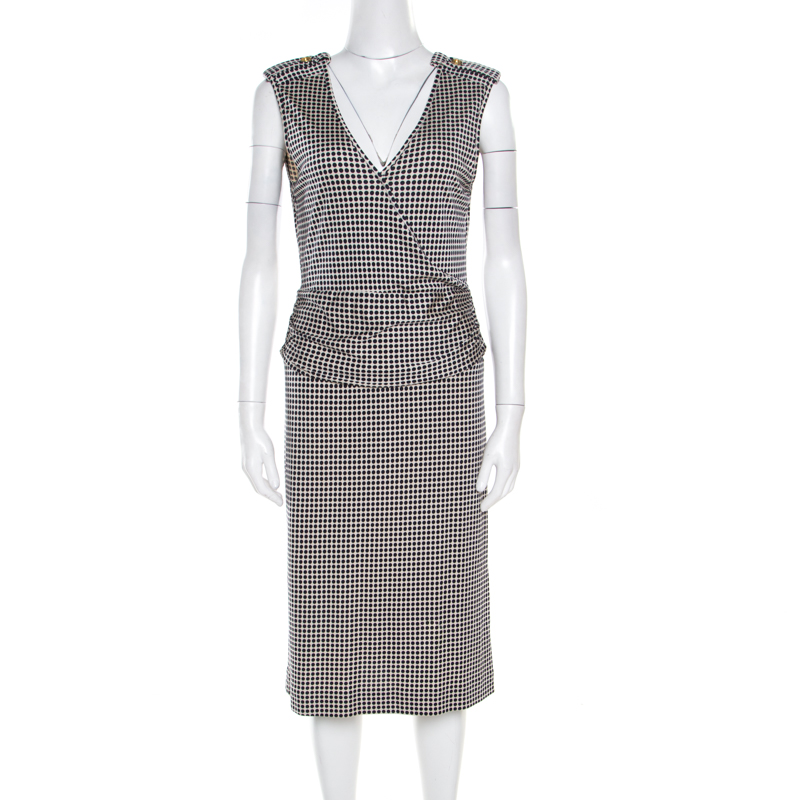 Pre Owned Tory Burch Navy Blue and Off White Polka Dotted Silk Jersey Epaulette Detail Dress M