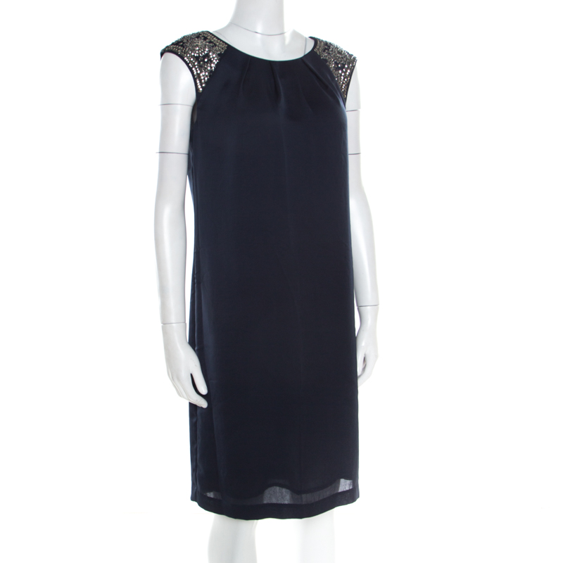 

Tory Burch Navy Blue Satin Sequined Shoulder Detail Sleeveless Dress