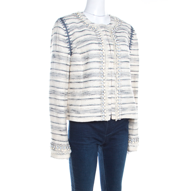 

Tory Burch Cream Textured Jewel Embellished Nicole Boucle Jacket