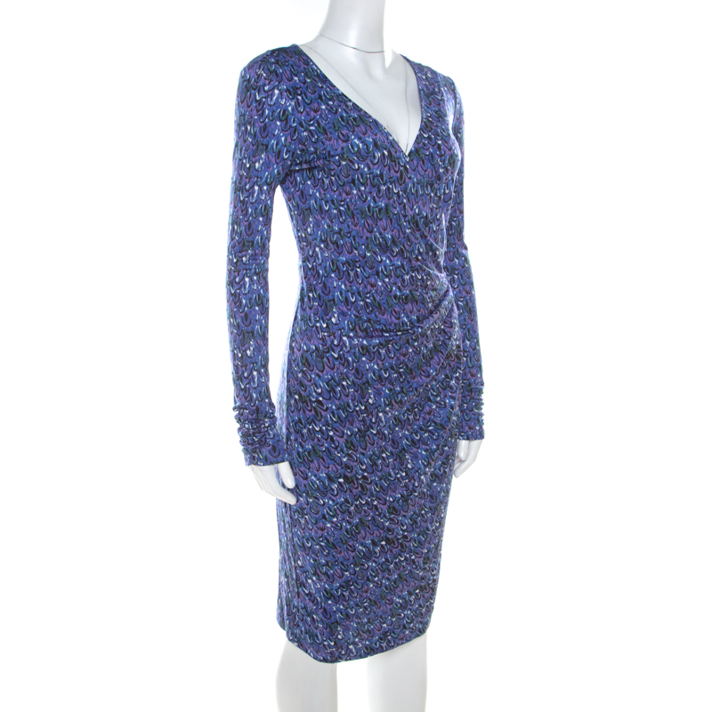 

Tory Burch Blue and Purple Printed Silk Jersey Thamara Faux Wrap Dress