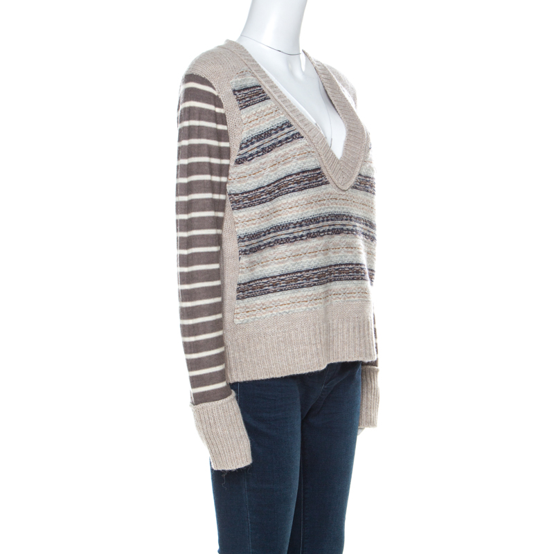 

Tory Burch Beige Knit Striped Sleeve Sweater