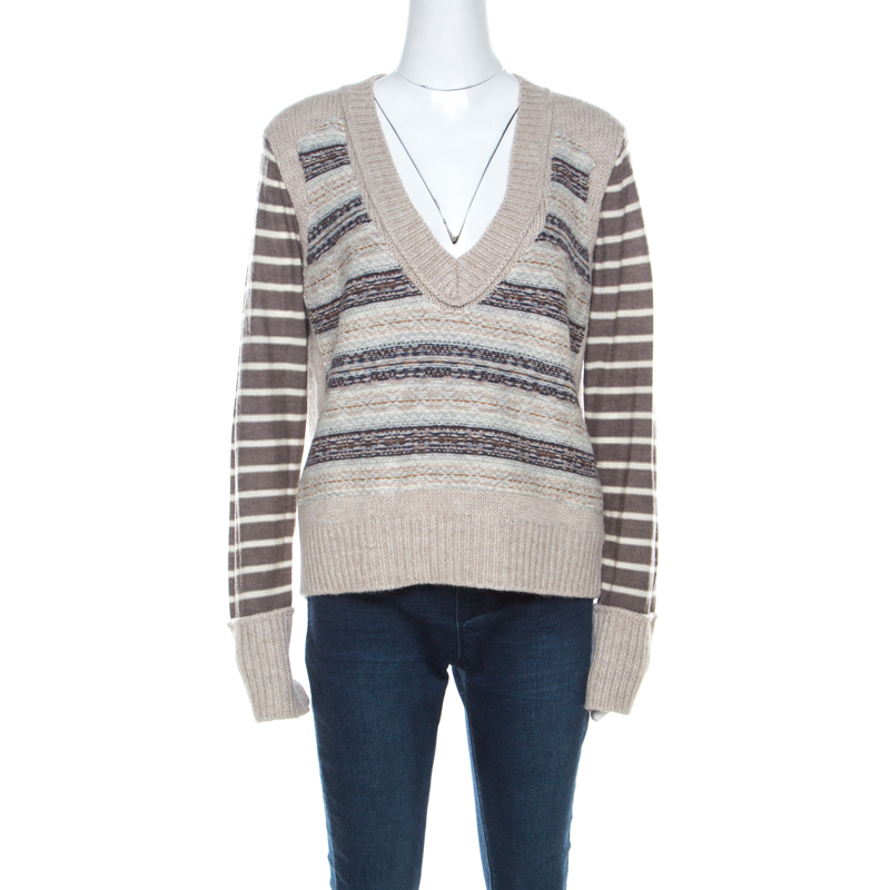 Pre Owned Tory Burch Beige Knit Striped Sleeve Sweater L 