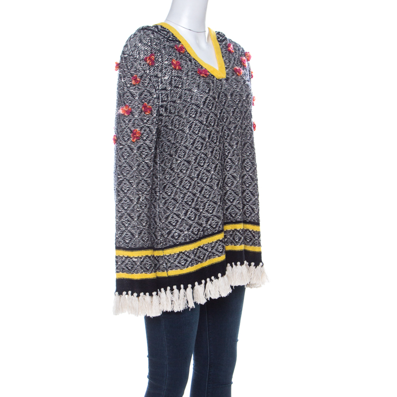 

Tory Burch Black & White Geometric Pattern Linen Flower Detail Knit Hooded Sweater, Multicolor