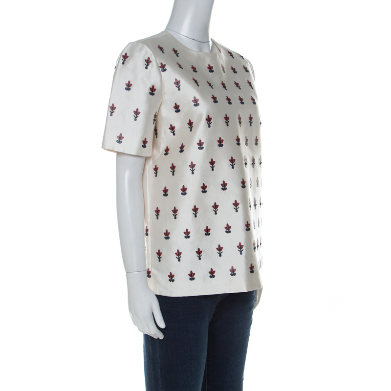 

Tory Burch Off White Wool & Silk Blend Embellished Top