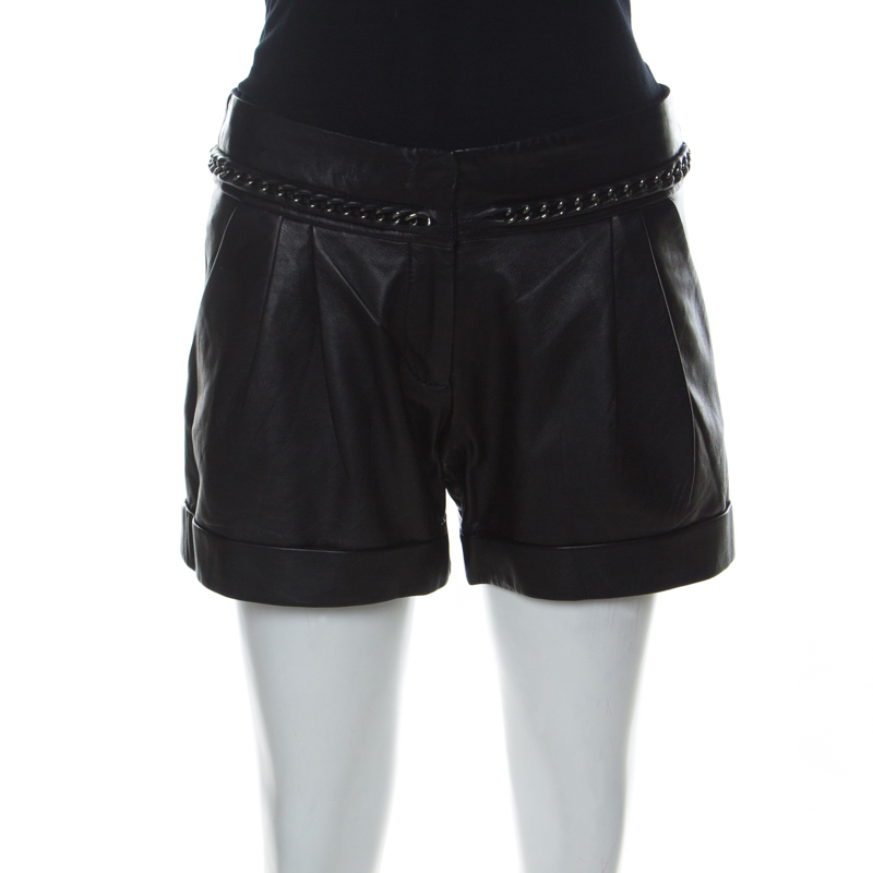 Pre Owned Tory Burch Black Leather Chain Detail Shorts S