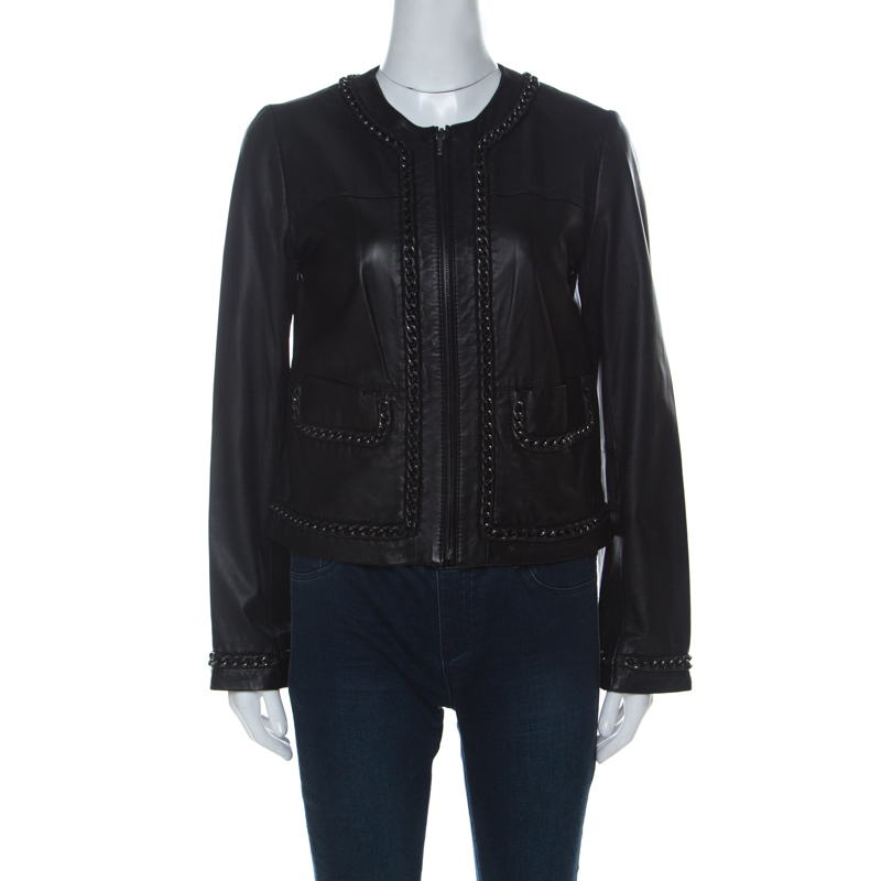 Pre Owned Tory Burch Black Leather Chain Detail Jacket M