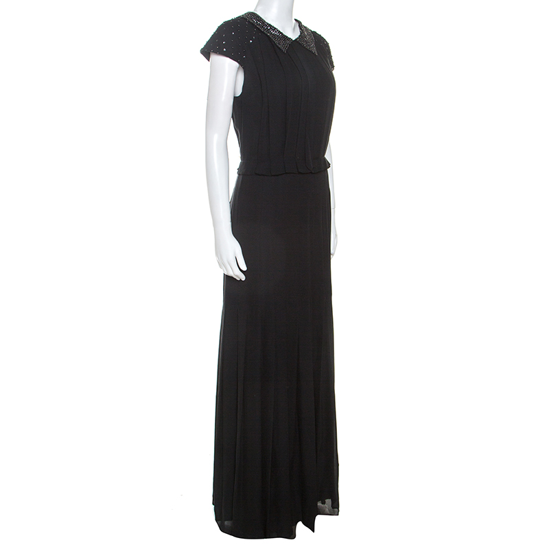 

Tory Burch Black Embellished Silk Pleated Liv Maxi Dress