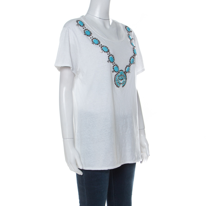 Pre-owned Tory Burch White Cotton Turquoise Bead Embellished T Shirt Xl