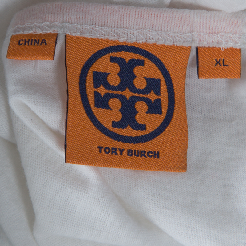 Pre-owned Tory Burch White Contrast Print Cotton French Sleeve T-shirt Xl