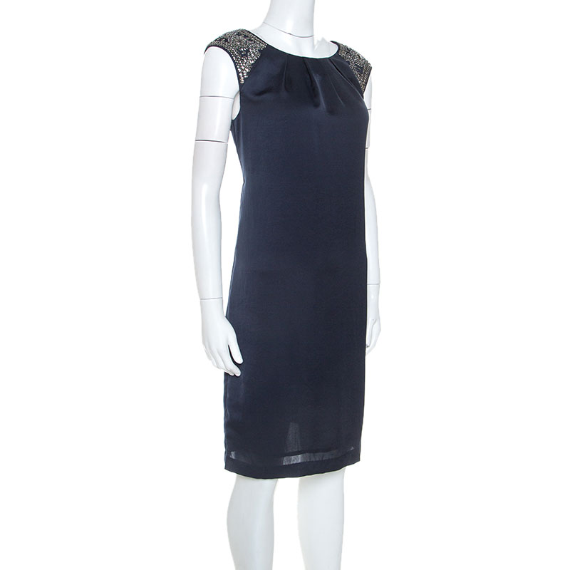 

Tory Burch Navy Blue Embellished Satin Sleeveless Shift Dress