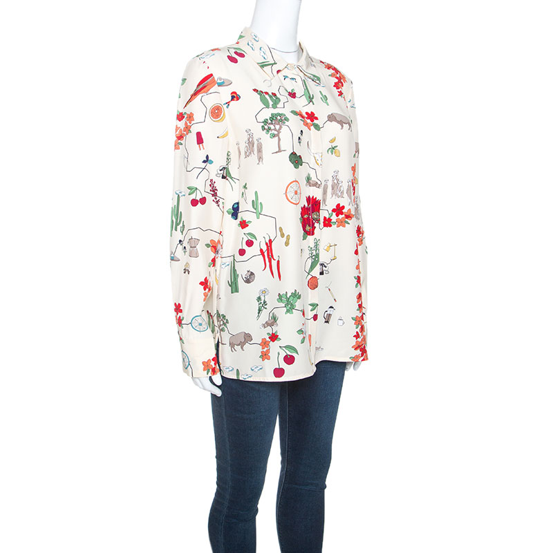 

Tory Burch Cream Printed Silk Button Front Shirt