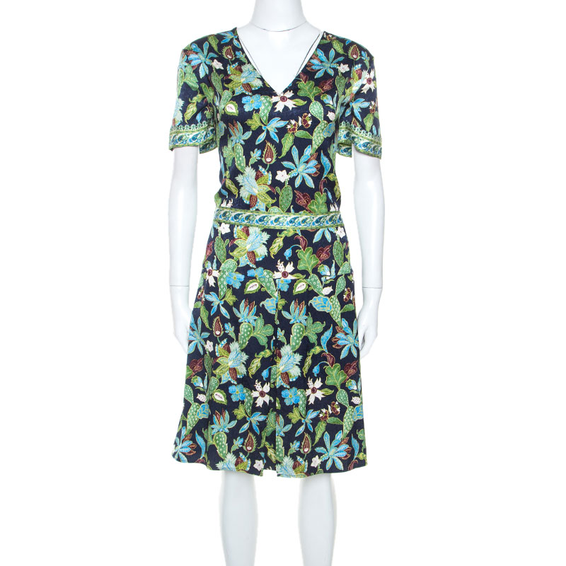 Pre Owned Tory Burch Multicolor Printed Stretch Silk Garden Visteria Dress M