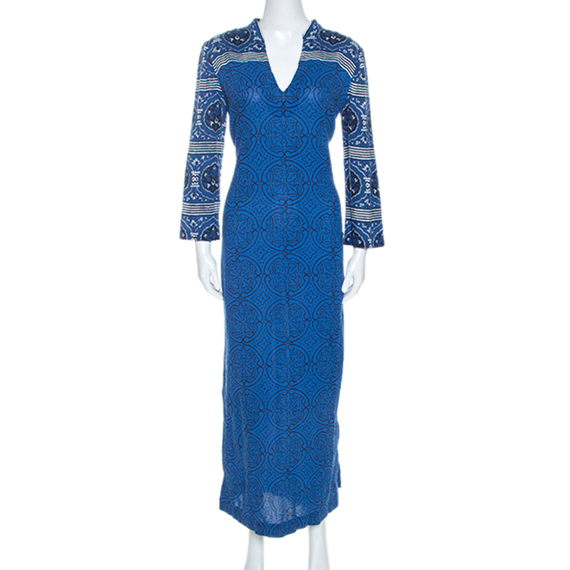 Tory Burch Blue Printed Cotton Long Sleeve Maxi Dress M