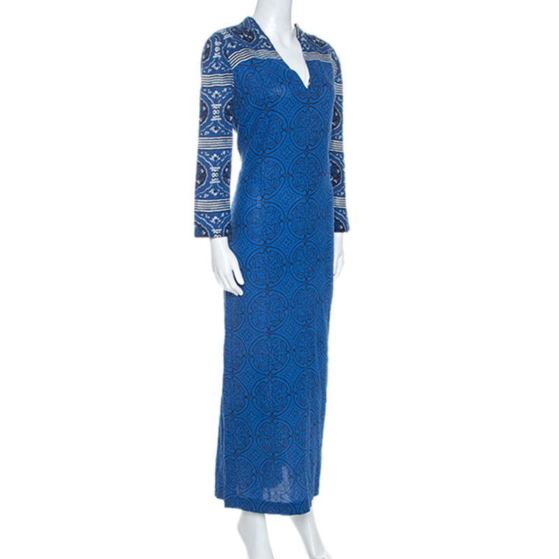 

Tory Burch Blue Printed Cotton Long Sleeve Maxi Dress