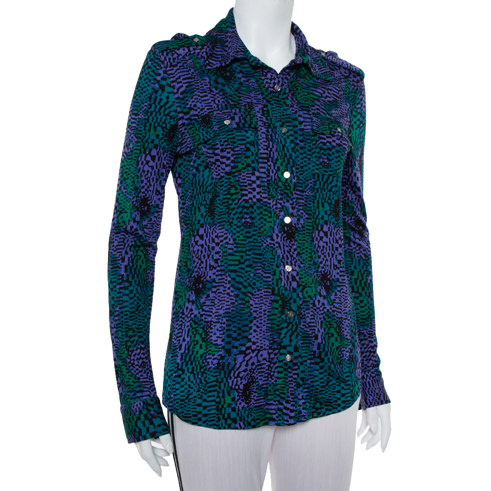 

Tory Burch Multicolor Printed Silk Knit Button Front Shirt