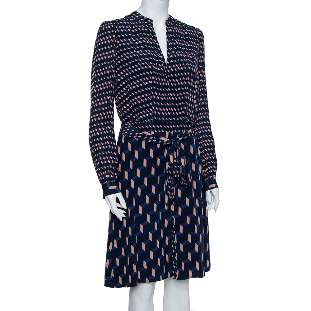 

Tory Burch Navy Blue Contrast Printed Silk Belted Judi Dress