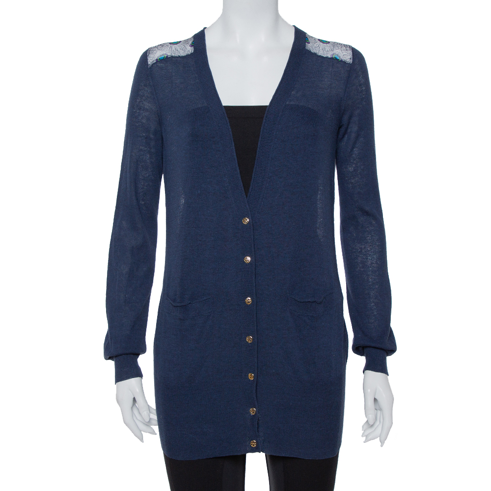 Pre-owned Tory Burch Navy Blue Knit & Peacock Feather Printed Silk Button Front Cardigan Xs