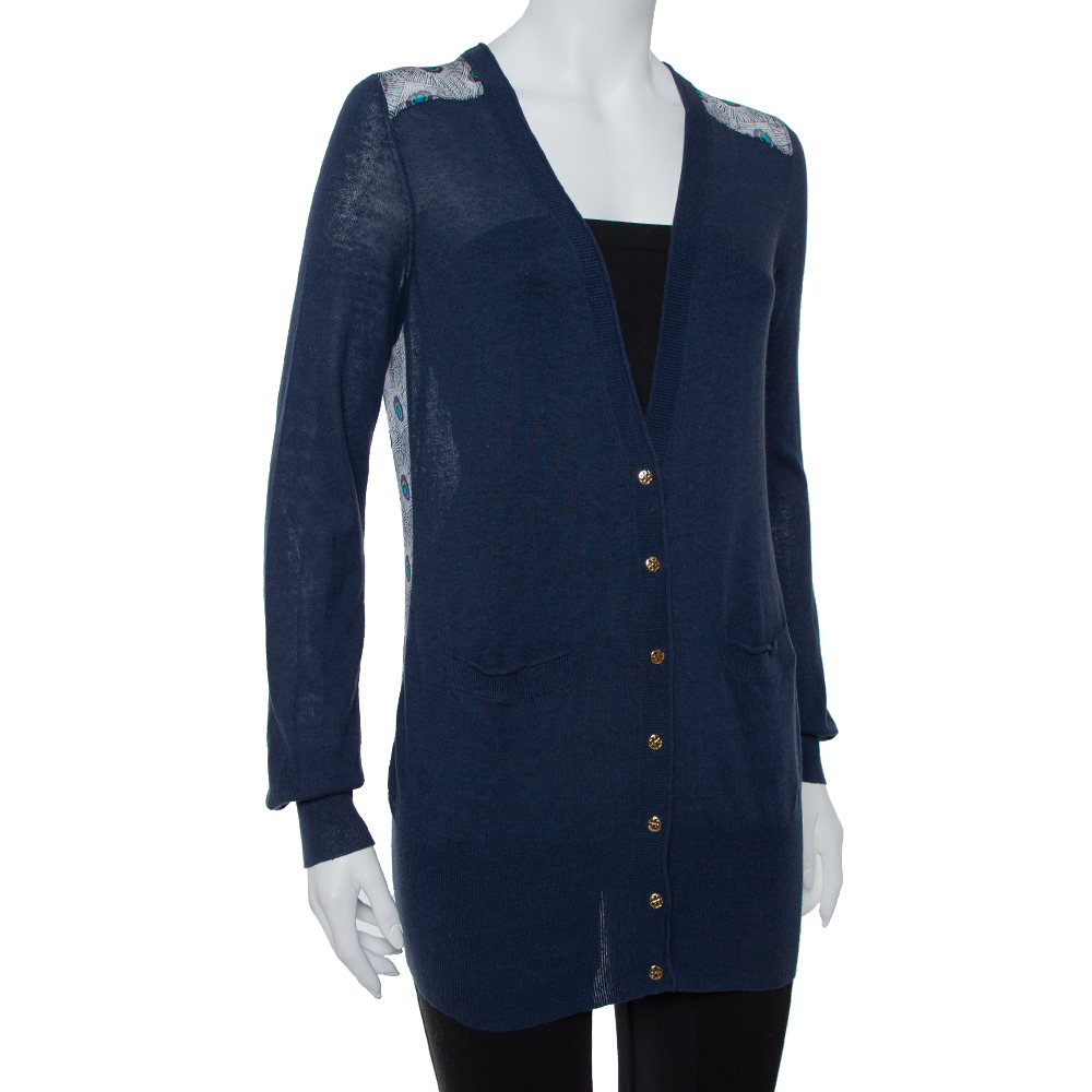 

Tory Burch Navy Blue Knit & Peacock Feather Printed Silk Button Front Cardigan