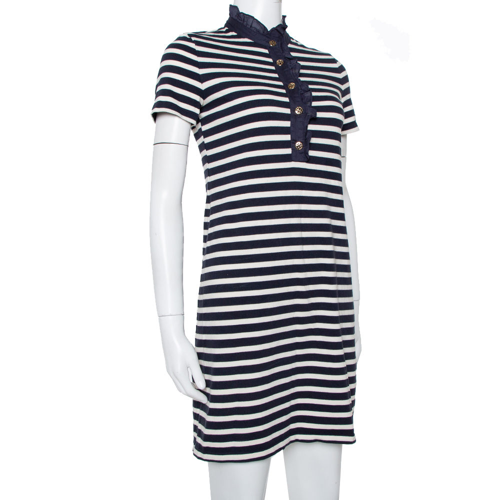 

Tory Burch navy Blue & White Striped Cotton Ruffled Collar T-Shirt Dress