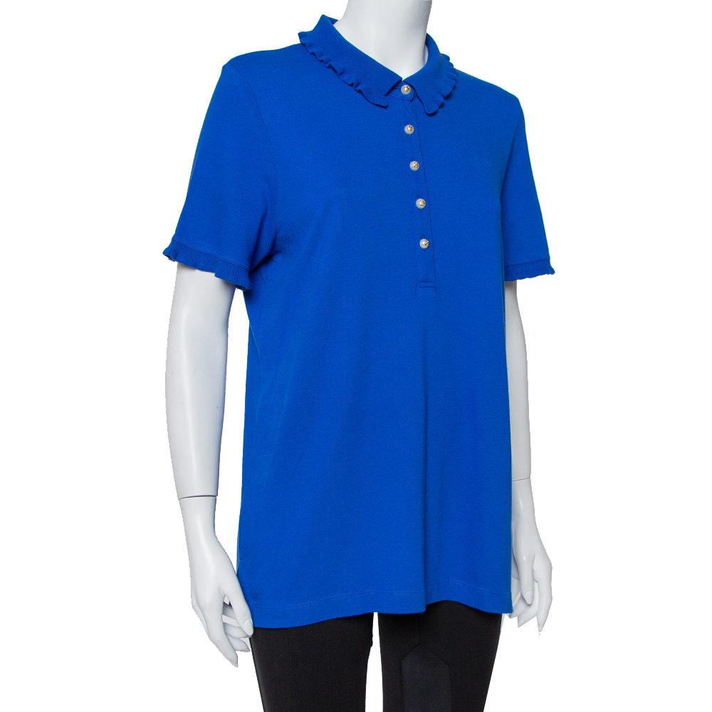 

Tory Burch Royal Blue Cotton Pique Wave Rib Detail Polo T-Shirt