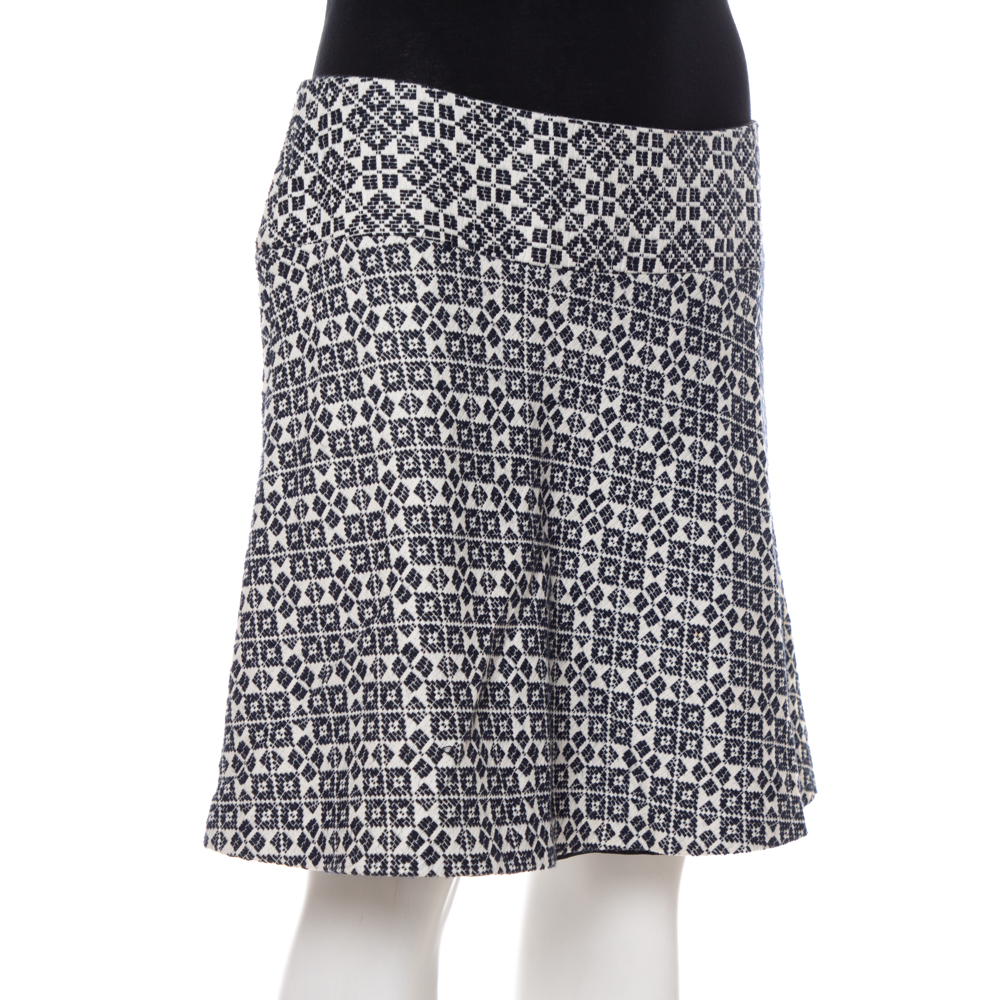 

Tory Burch Navy Blue & White Textured Cotton Geometric Embroidered Burlap Mini Skirt
