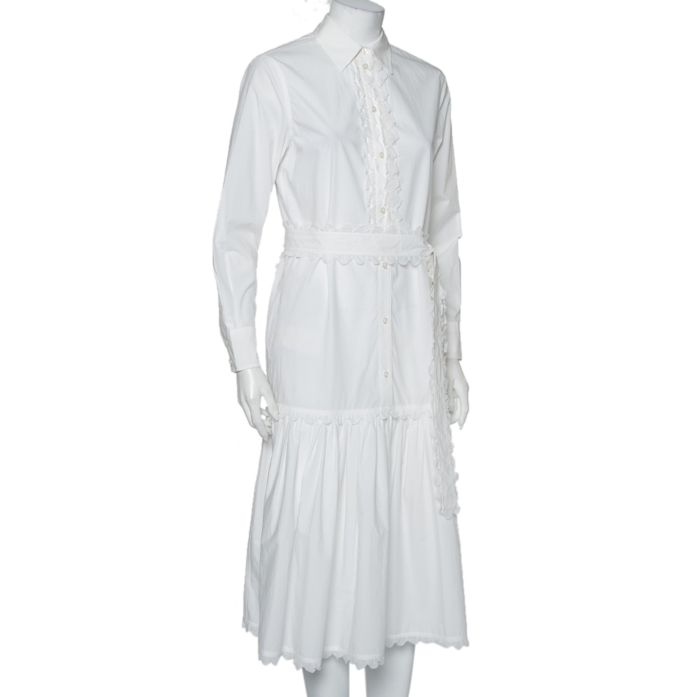 

Tory Burch White Cotton Scalloped Ruffled Trim Shirt Dress