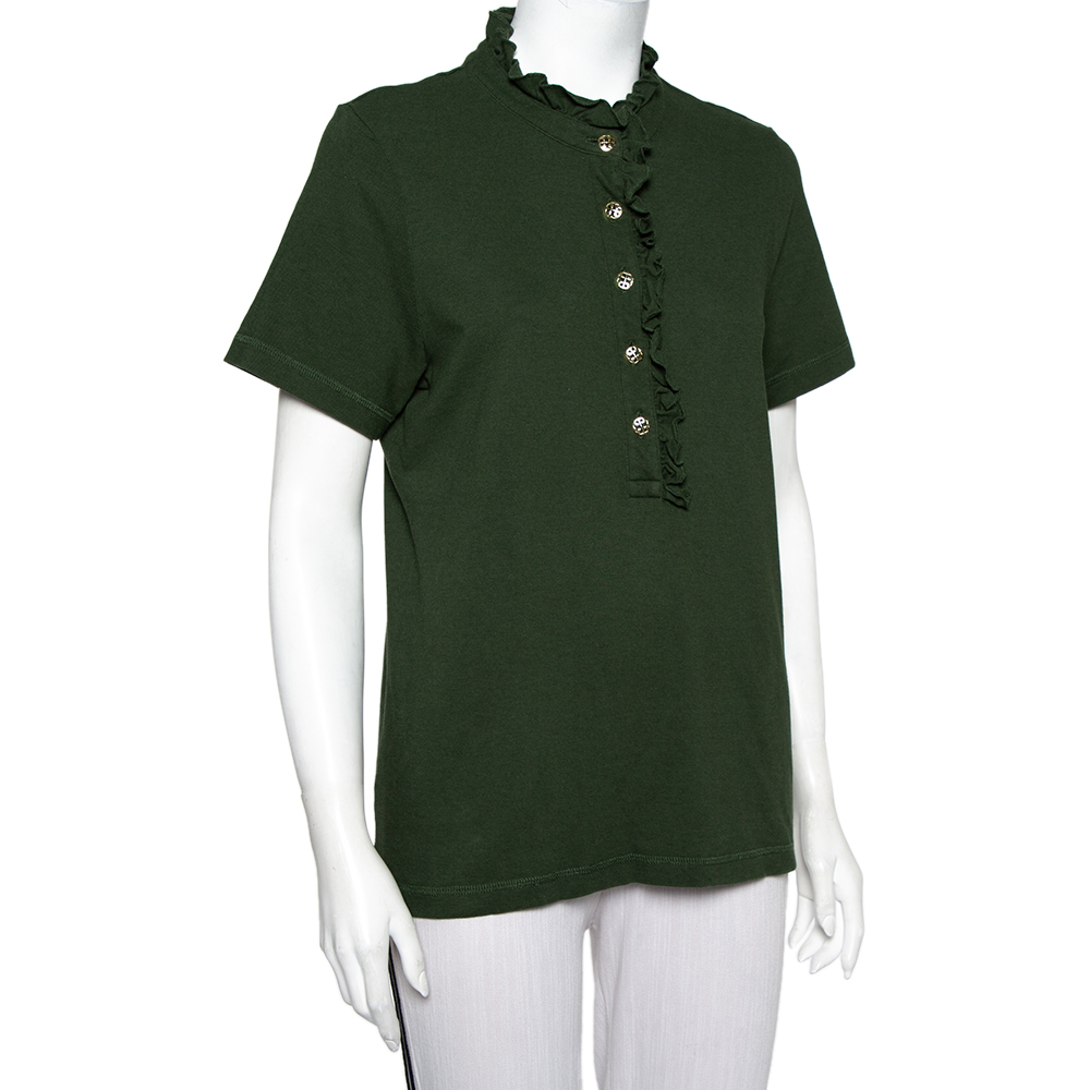 

Tory Burch Olive Green Cotton Pique Ruffled Lidia T-Shirt