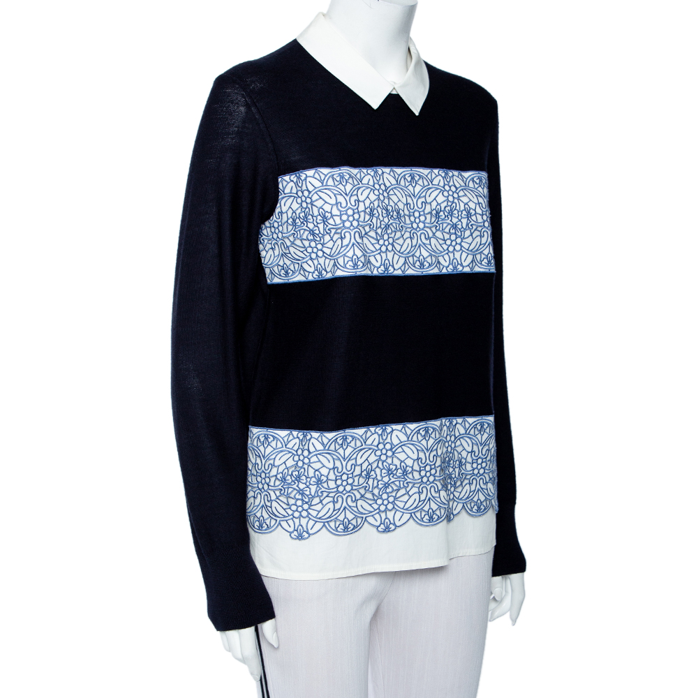 

Tory Burch Navy Blue Wool Contrast Paneled Collared Sweater