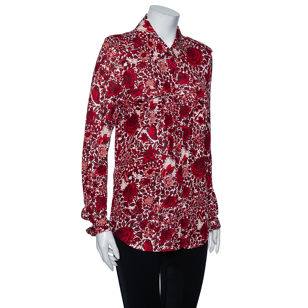 

Tory Burch Red Floral Print Jersey Button Down Shirt