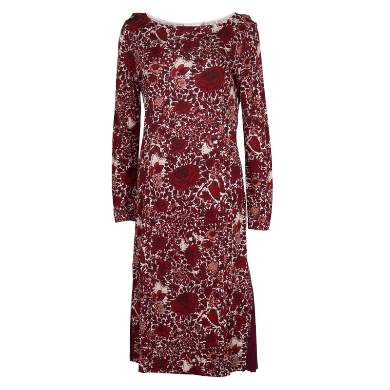 Pre Owned Tory Burch Red Jersey Floral Printed Long Sleeve Dress M