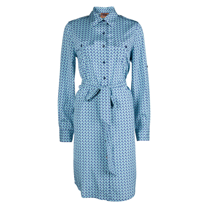 Pre Owned Tory Burch Blue Printed Silk Belted Long Sleeve Dress M
