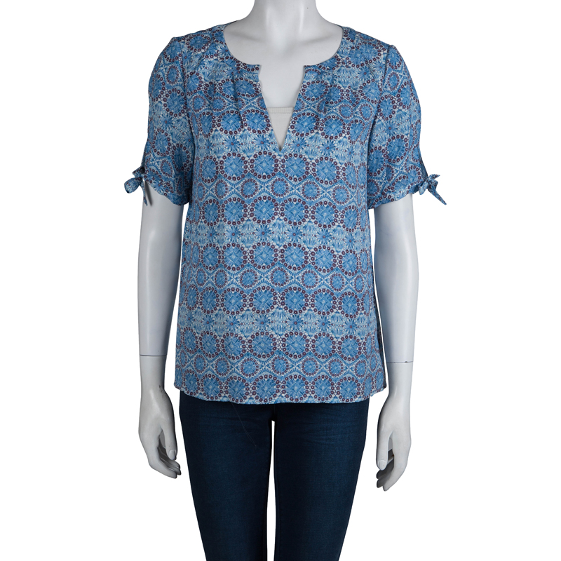 

Tory Burch Blue Floral Printed Short Sleeve Blouse