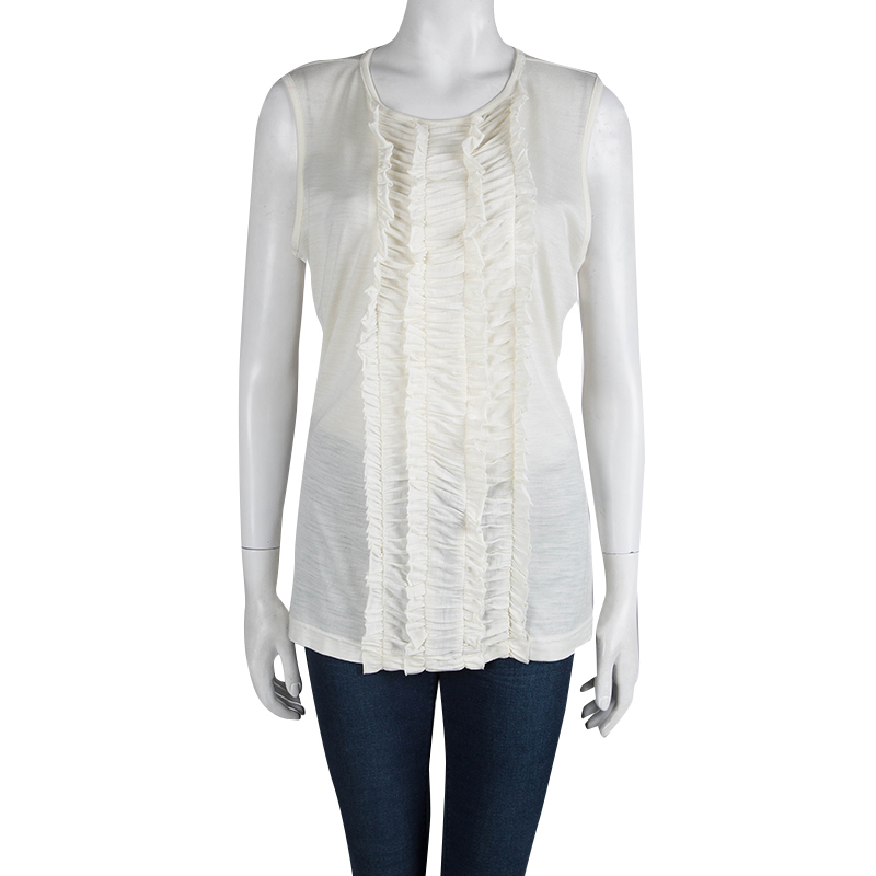 

Tory Burch Off White Ruffle Front Detail Sleeveless Top