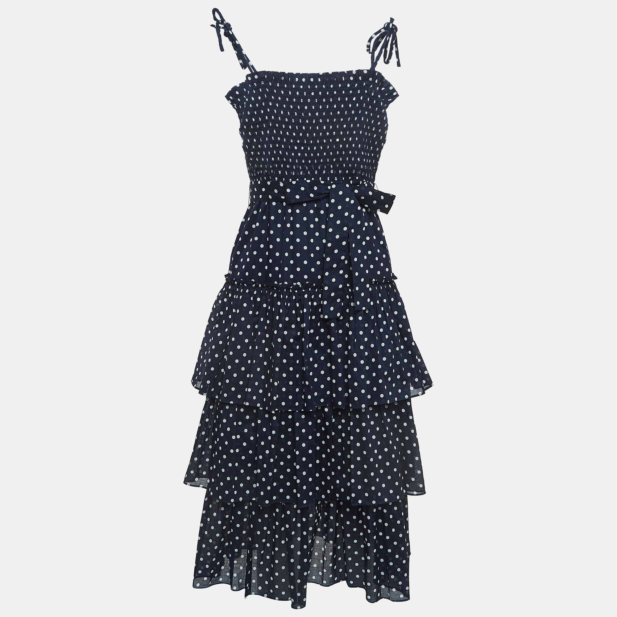 

Tory Burch Navy Blue Polka-Dot Print Cotton Tiered Dress XS