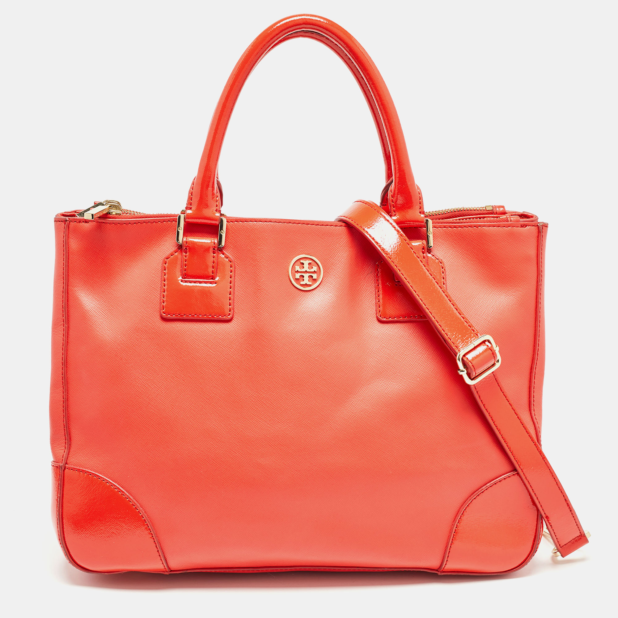 

Tory Burch Red Patent and Leather Large Double Zip Robinson Tote