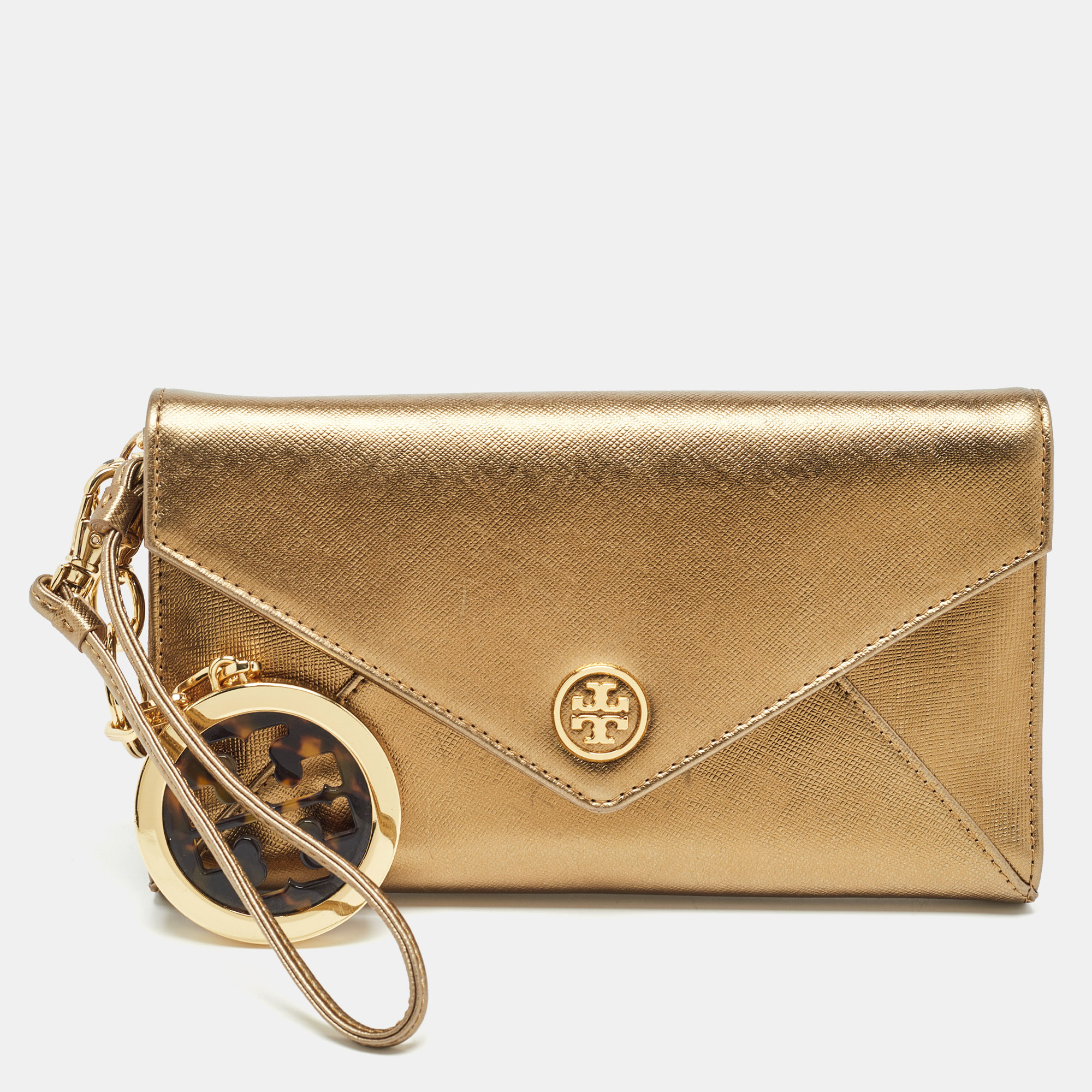 

Tory Burch Gold Leather Robinson Envelope Wristlet Clutch