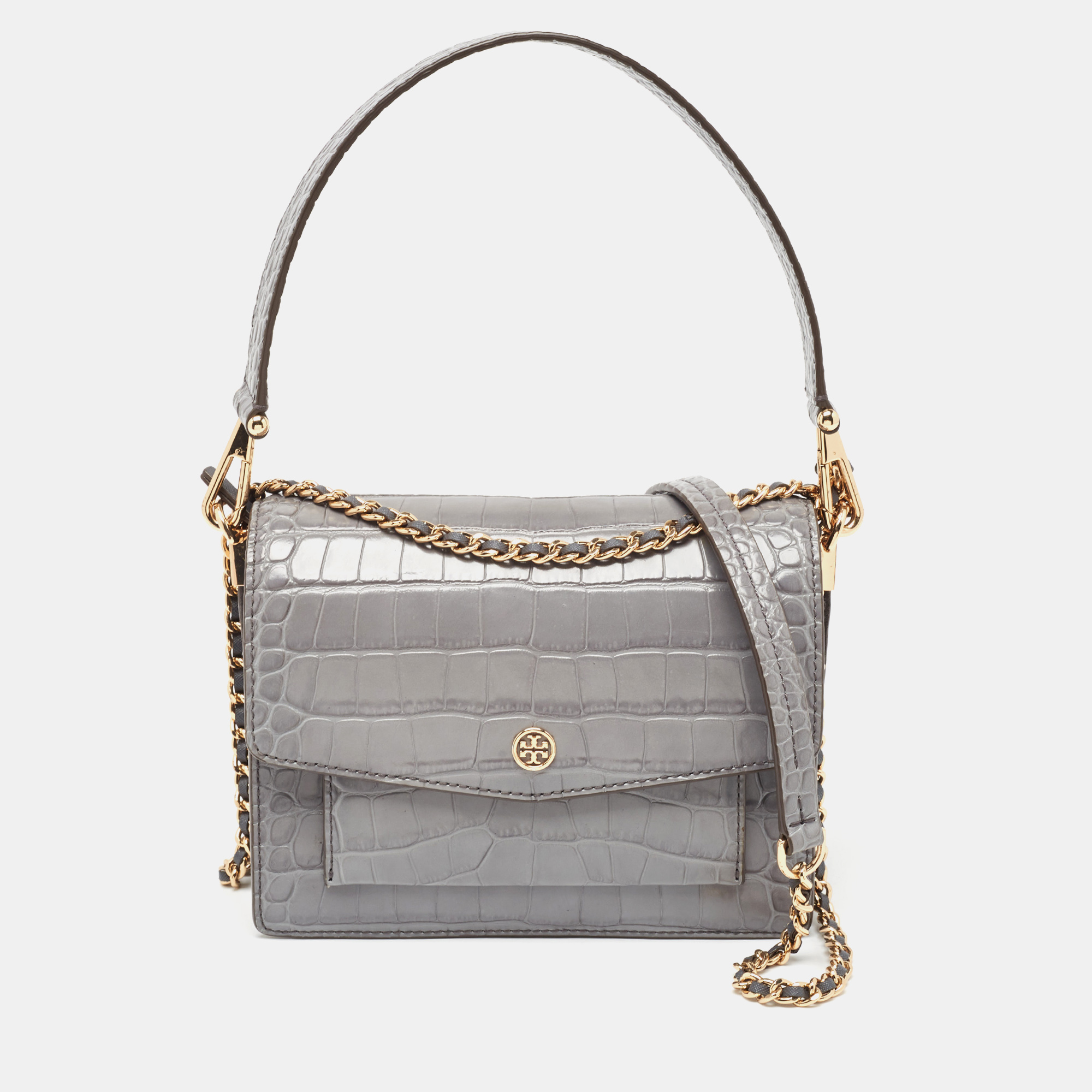 

Tory Burch Grey Croc Embossed Leather and Suede Robinson Top Handle Bag