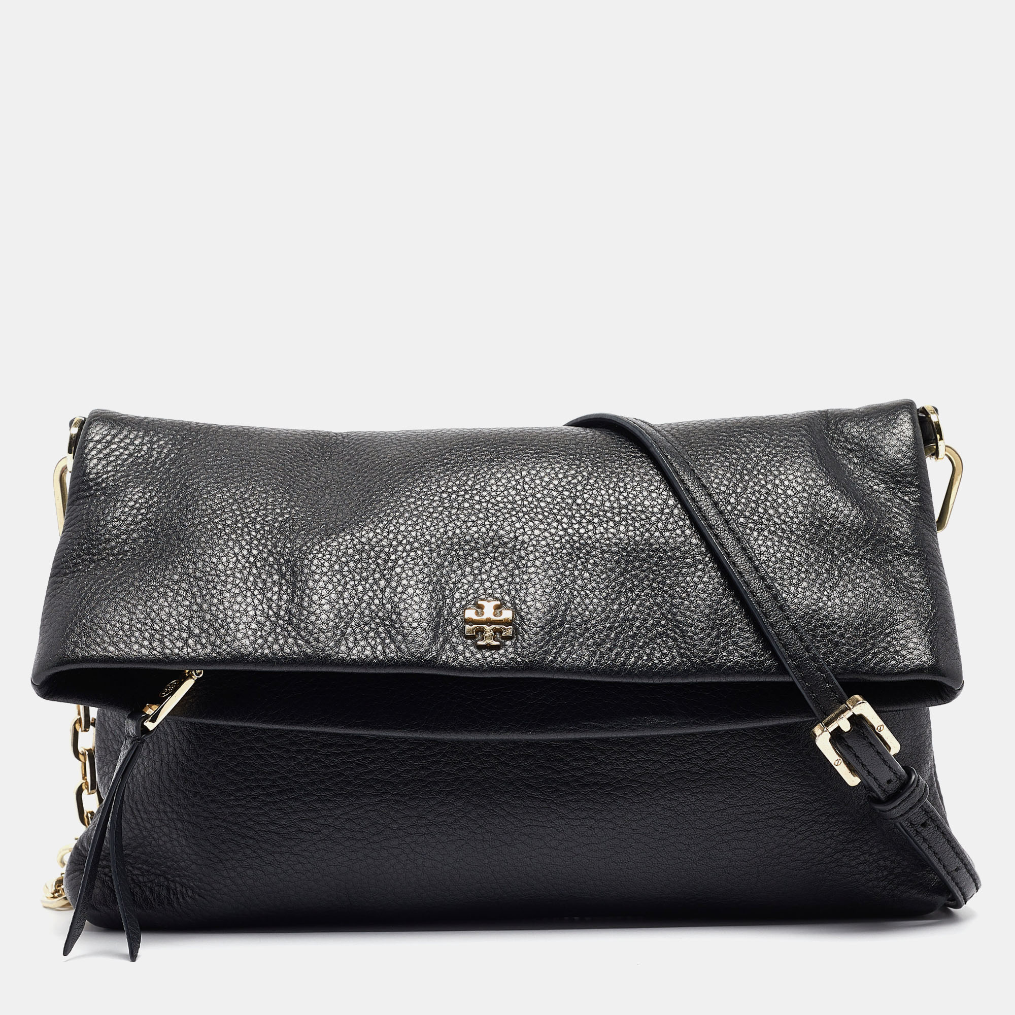 Pre-owned Tory Burch Black Leather Foldover Crossbody Bag