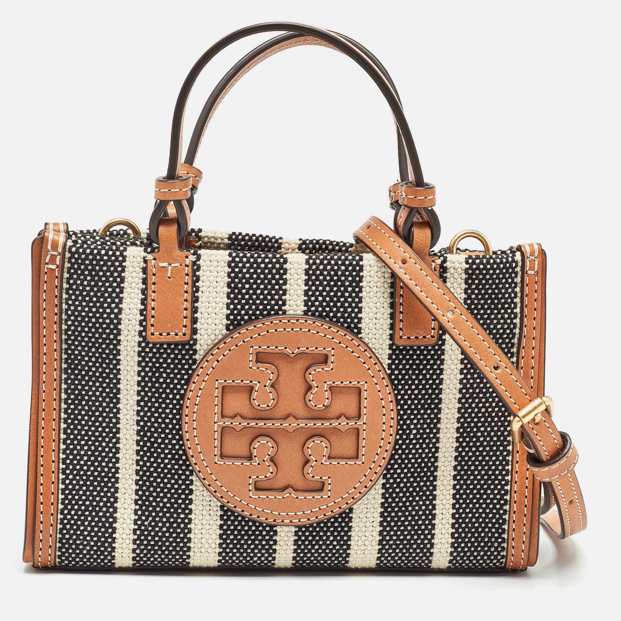 

Tory Burch Black/Ivory Striped Canvas and Leather Mini Ella Tote