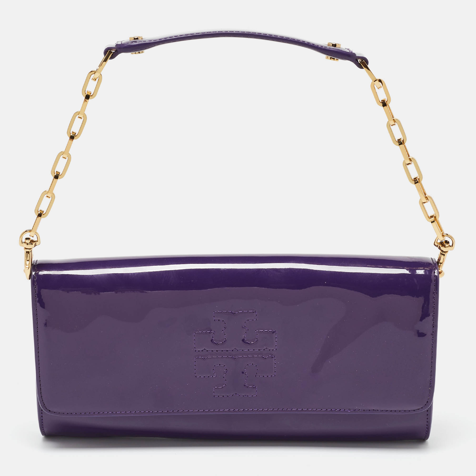 

Tory Burch Purple Patent Leather Logo Embossed Flap Clutch Bag