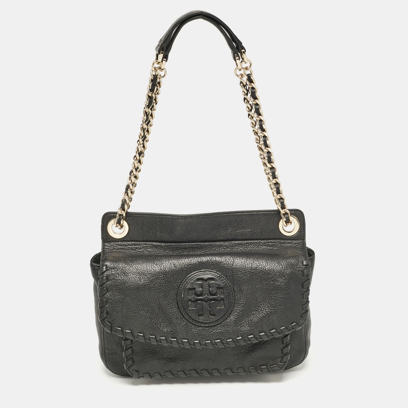 Pre-owned Tory Burch Black Leather Marion Shoulder Bag