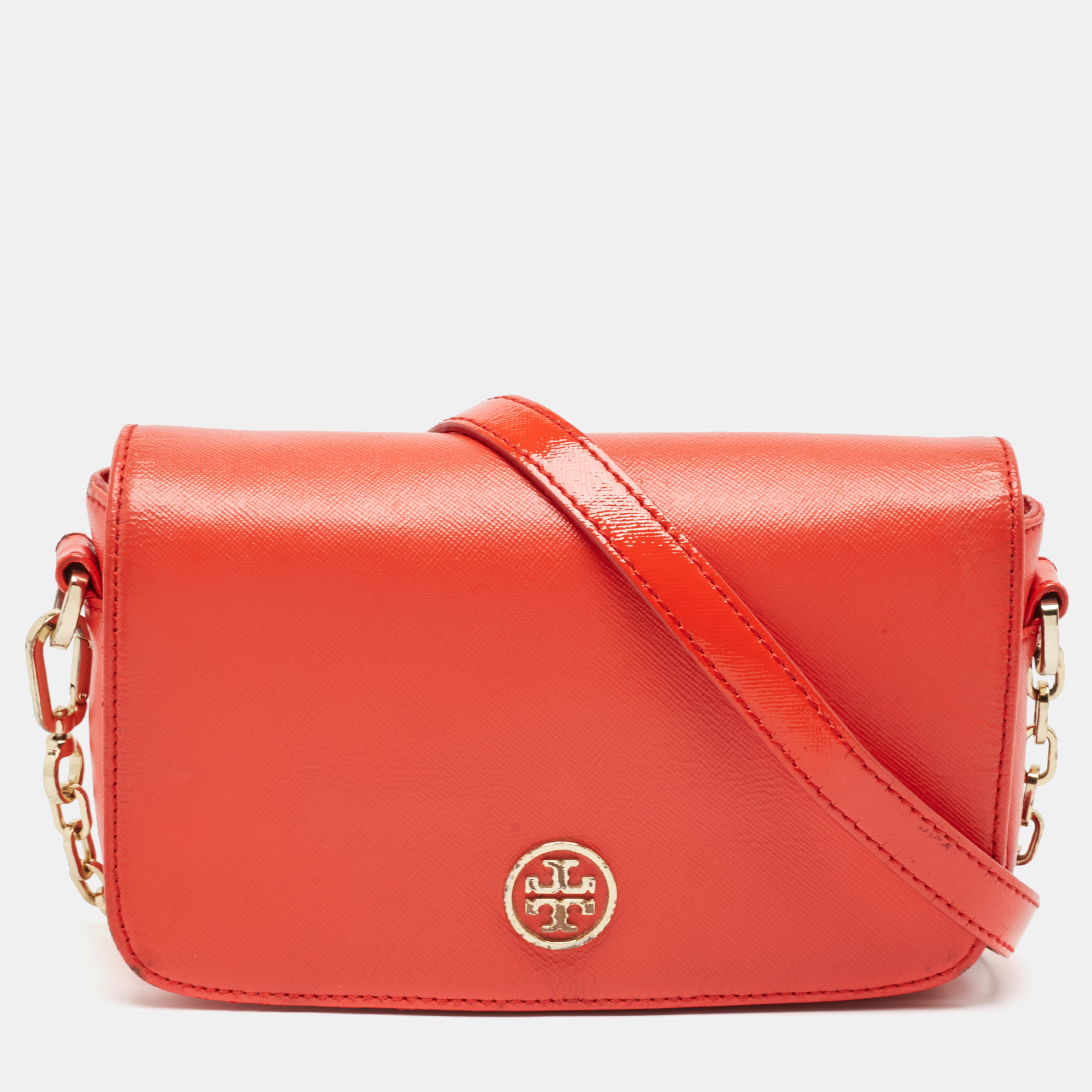 

Tory Burch Orange Patent and Leather Mini Robinson Crossbody Bag